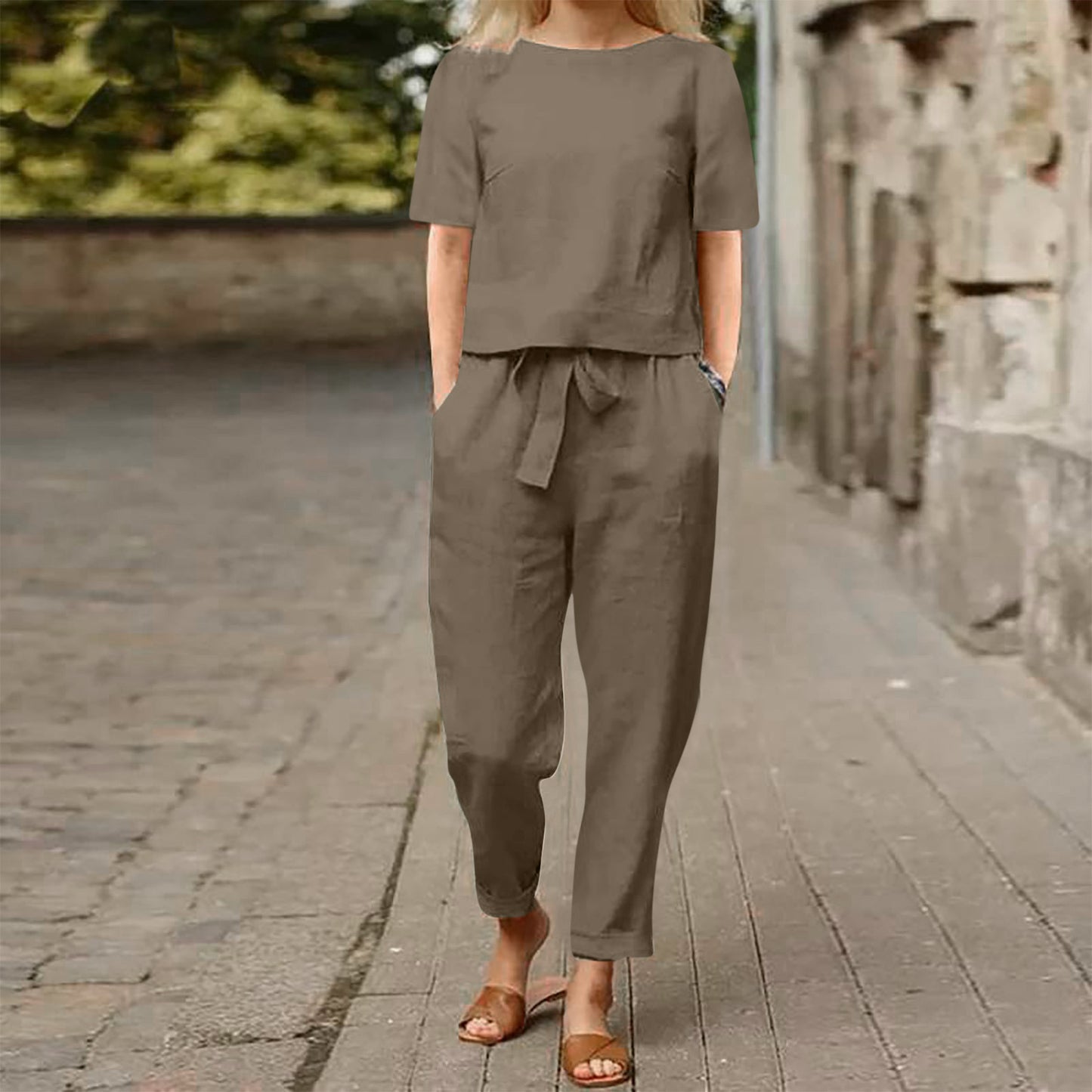 VersaLuxe | Women's Cotton-Linen Short Sleeve Top & Wide-Leg Pants Set
