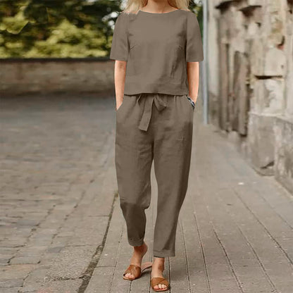 VersaLuxe | Women's Cotton-Linen Short Sleeve Top & Wide-Leg Pants Set