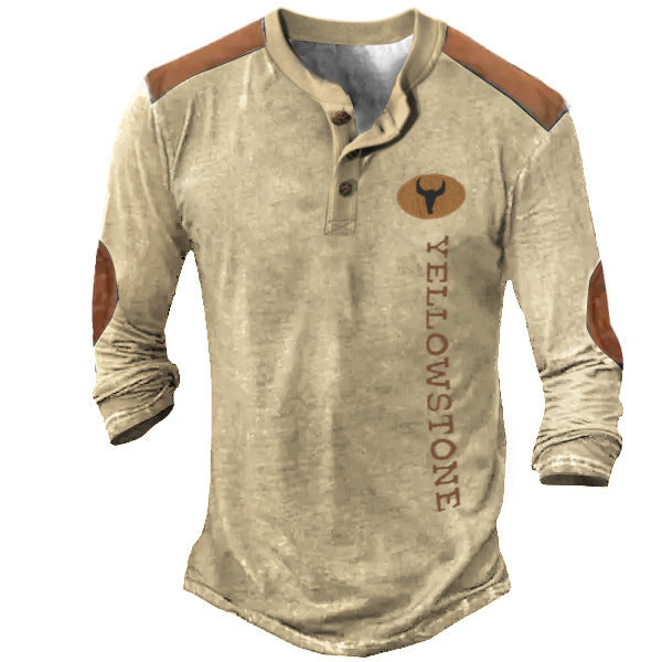 Men’s Long Sleeve Henley T-Shirt – Polyester Casual Patch Tee