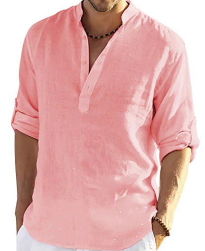 BreezeFit | Men's Cotton Linen Long Sleeve Stand Collar Shirt