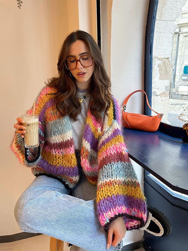 Bella | Rainbow Striped Knit Cardigan Sweater