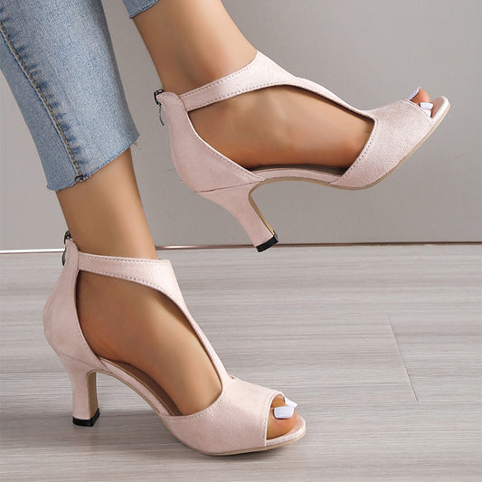 OutdoorGlam Back Zip-Up High Heels Peep Toe Sandals
