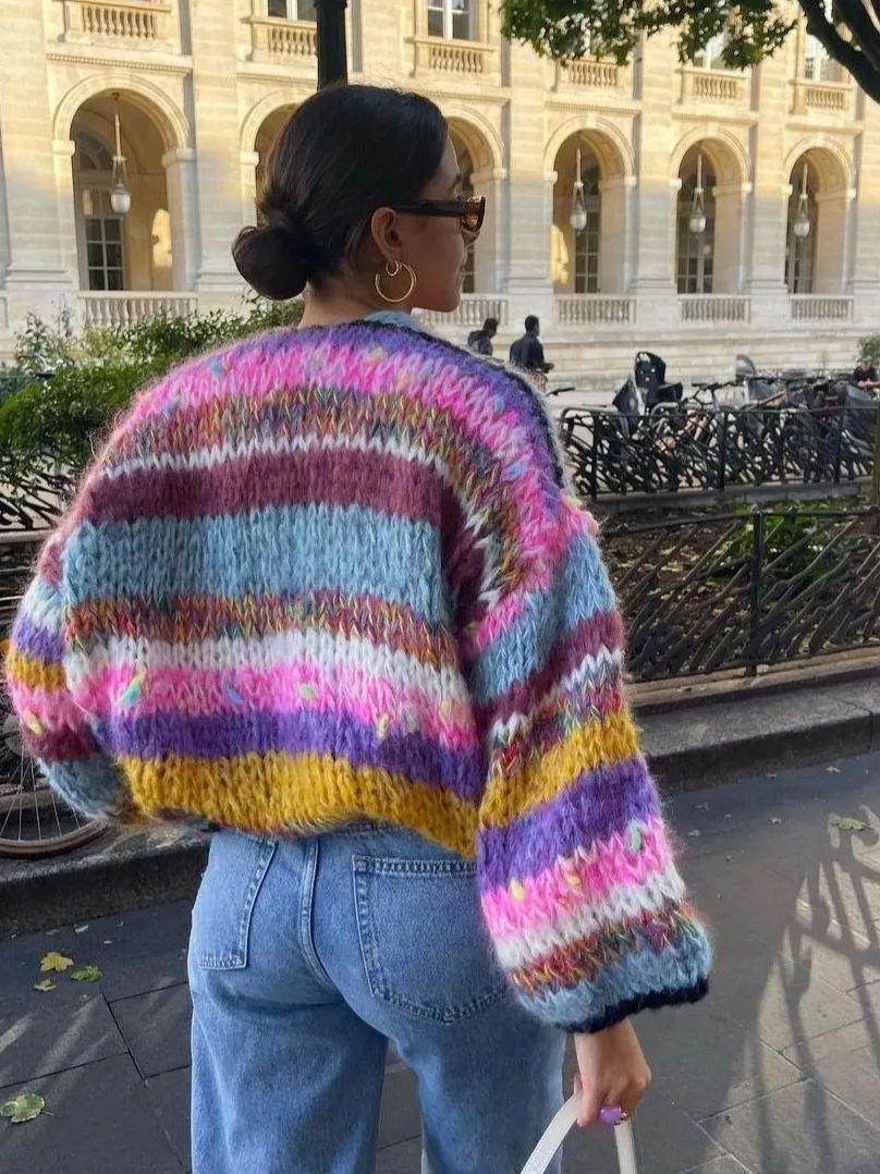 Bella | Rainbow Striped Knit Cardigan Sweater