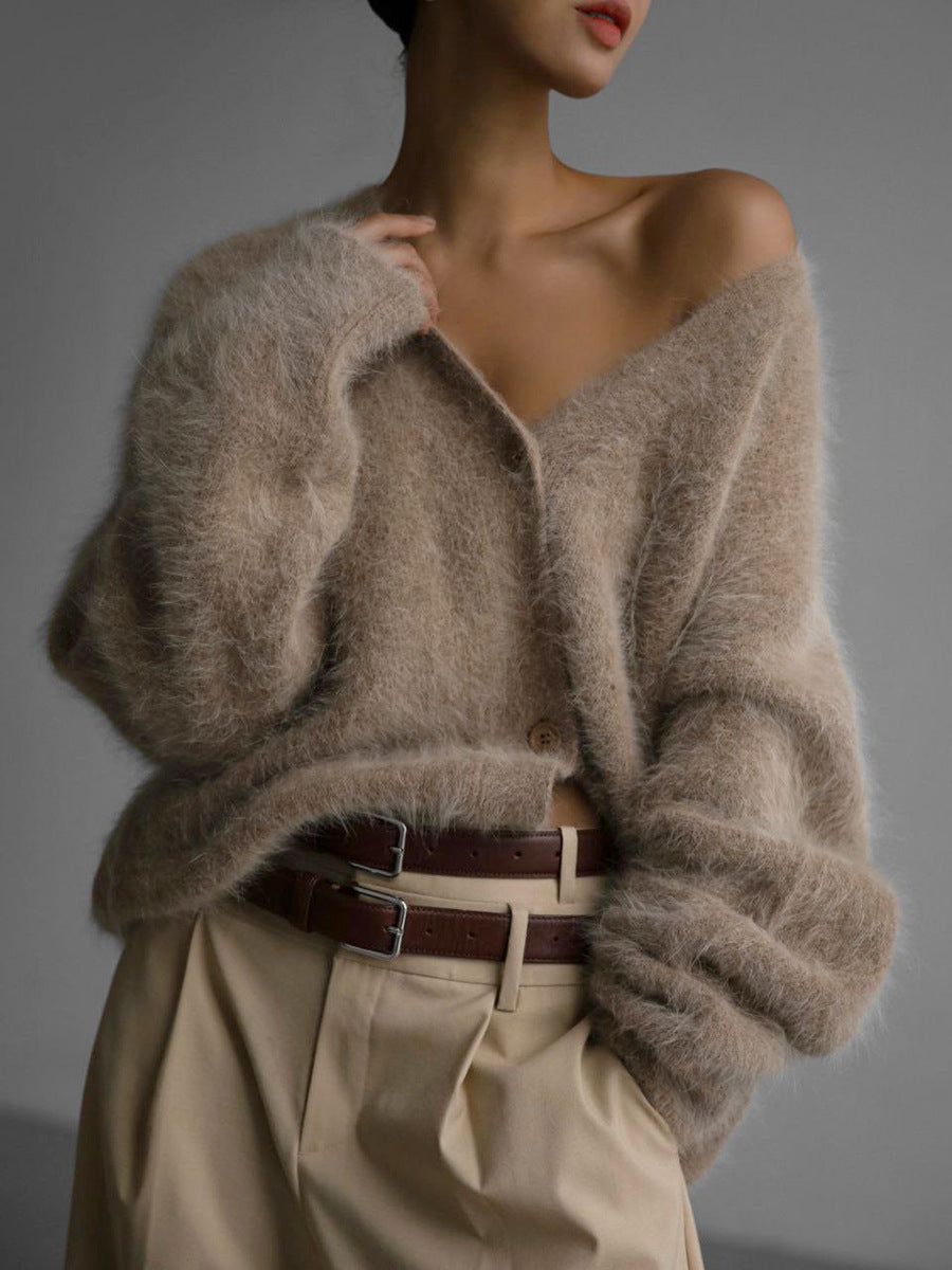 Loose V-neck Button Cardigan Fall Winter Single Breasted Knitted Sweater Top