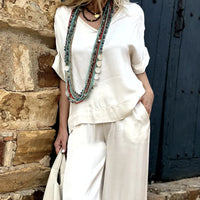 Ellen | V-neck Short Sleeve Wide Leg Pants Suit