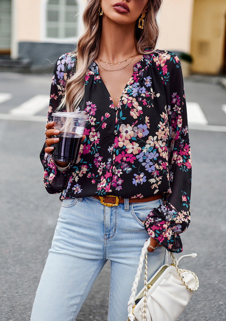 Women's Floral Chiffon Blouse | V-Neck Long Sleeve Casual Top
