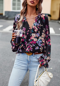 Women's Floral Chiffon Blouse | V-Neck Long Sleeve Casual Top