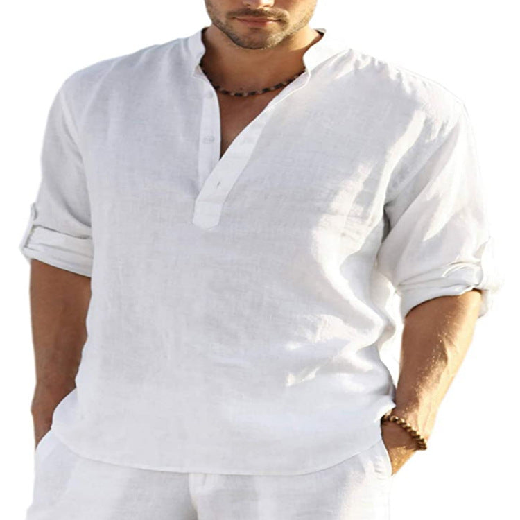 BreezeFit | Men's Cotton Linen Long Sleeve Stand Collar Shirt