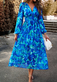 Aruna | Boho Floral Print Chiffon Midi Dress – Holiday A-Line Style