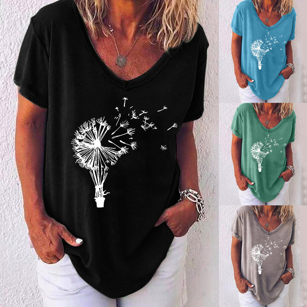 FloralWhisper – Lockere Bluse mit V-Ausschnitt und Löwenzahn-Print