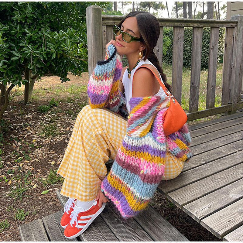 Bella | Rainbow Striped Knit Cardigan Sweater