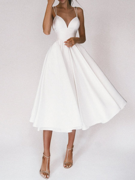 Women's Elegant White V-Neck Suspender Midi Dress | Summer Party Wear