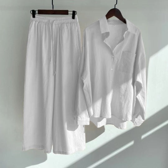Liva | Summer Cotton and Linen Shirt Outfit with High-Waist Loose Trousers