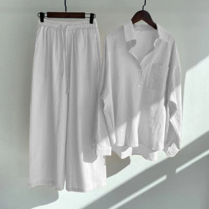 Liva | Summer Cotton and Linen Shirt Outfit with High-Waist Loose Trousers