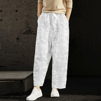 White Embroidered Cropped Pants with Pockets & Elastic Waist for Women