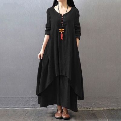 Arabelle | Retro Linen Cotton V-Neck Long Sleeve Swing Dress for Women