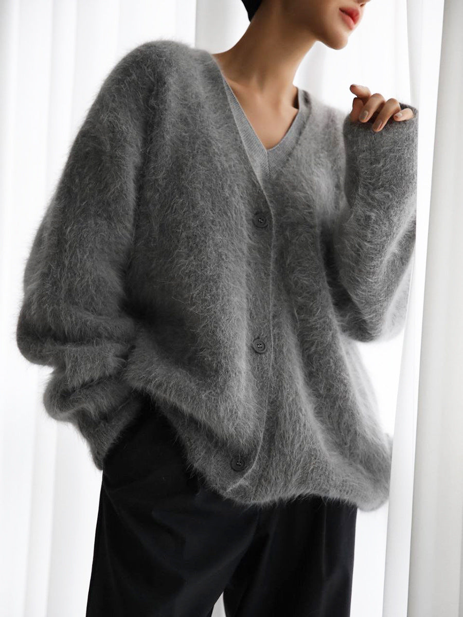 Loose V-neck Button Cardigan Fall Winter Single Breasted Knitted Sweater Top