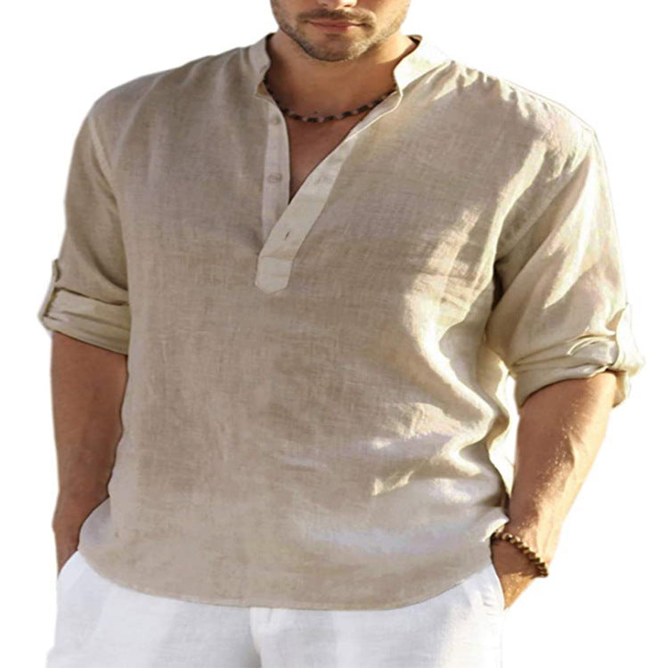 BreezeFit | Men's Cotton Linen Long Sleeve Stand Collar Shirt