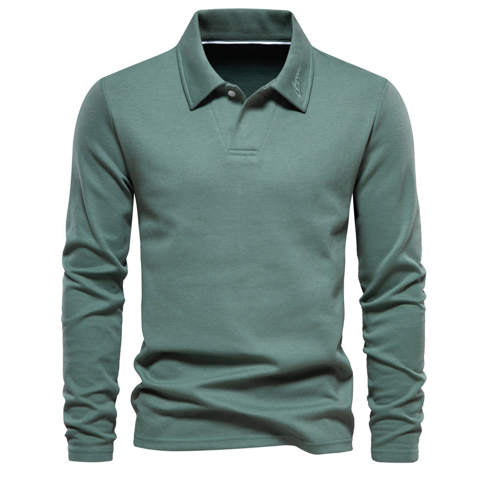 Men's Casual Long Sleeve Polo Shirt | Solid Color Cotton Blend Top
