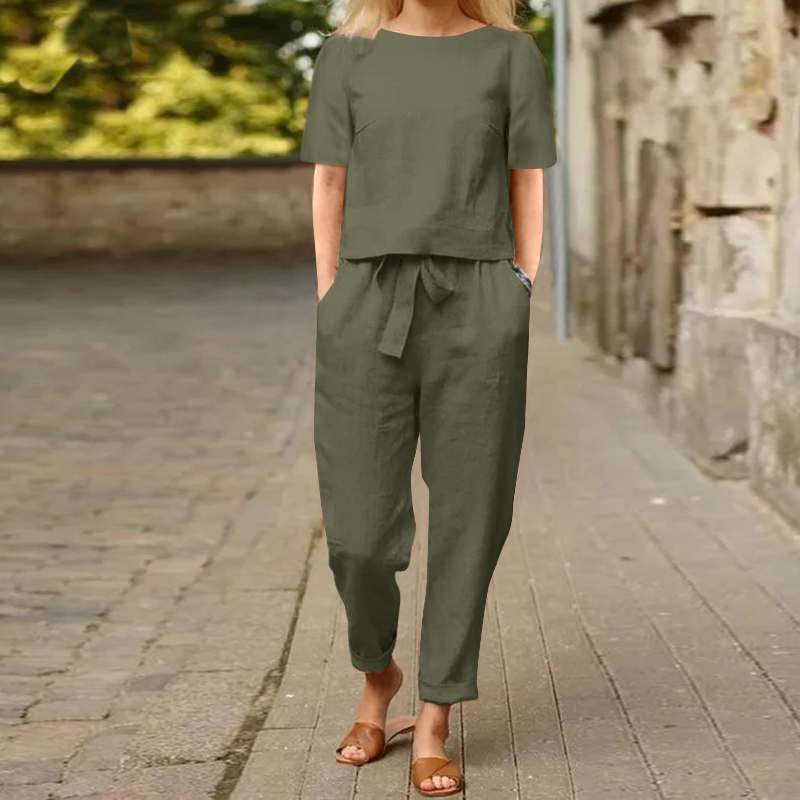 VersaLuxe | Women's Cotton-Linen Short Sleeve Top & Wide-Leg Pants Set