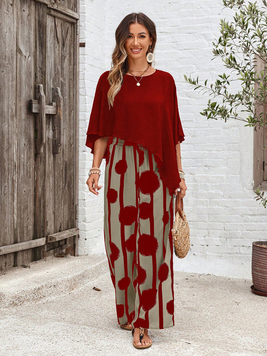Red Abstract Two-Piece Set with Wide-Leg Pants – Women's Elegant Outfit
