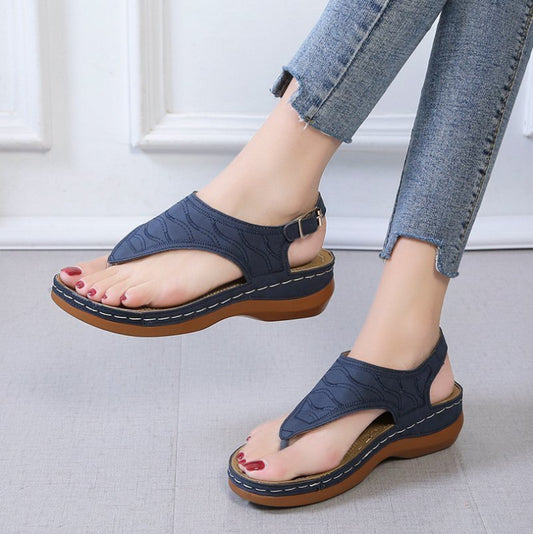Women's Cowhide Roman Sandals – T-Strap Buckle & Wedge Comfort