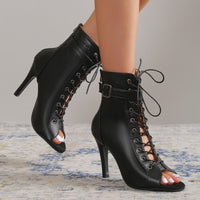 Women's Black Lace-Up Peep Toe Stiletto Heels with Buckle