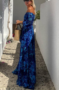 Ruth | Elegant Blue Off-Shoulder Lantern Sleeve Swing Dress