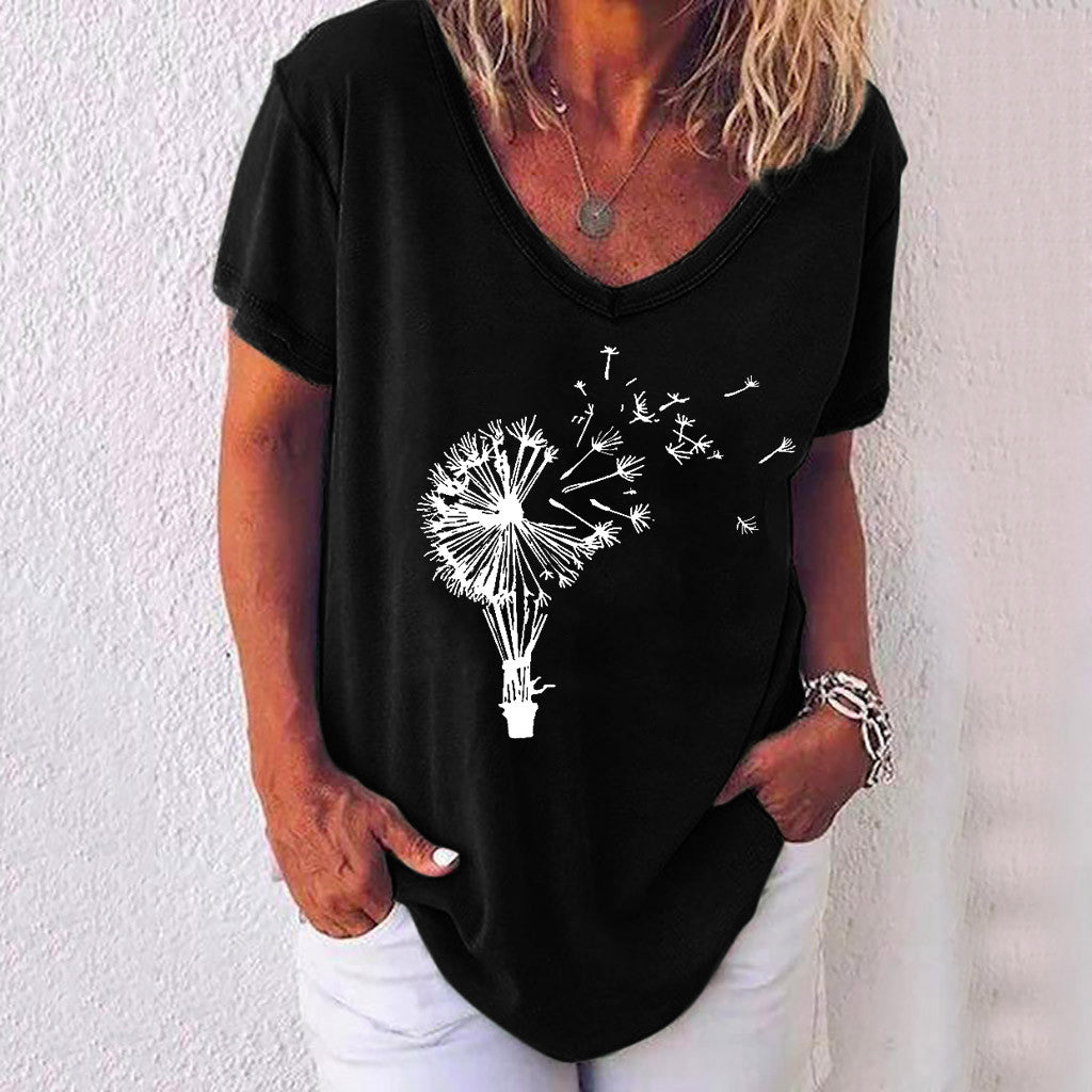FloralWhisper – Lockere Bluse mit V-Ausschnitt und Löwenzahn-Print