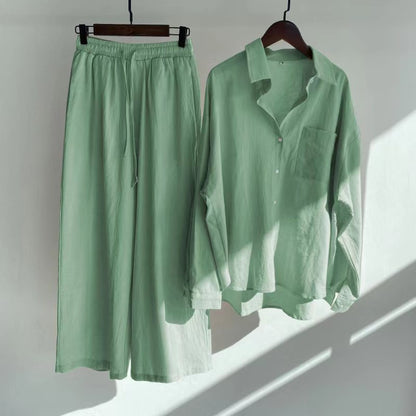 Liva | Summer Cotton and Linen Shirt Outfit with High-Waist Loose Trousers