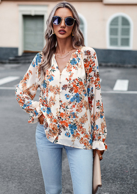 Women's Floral Chiffon Blouse | V-Neck Long Sleeve Casual Top