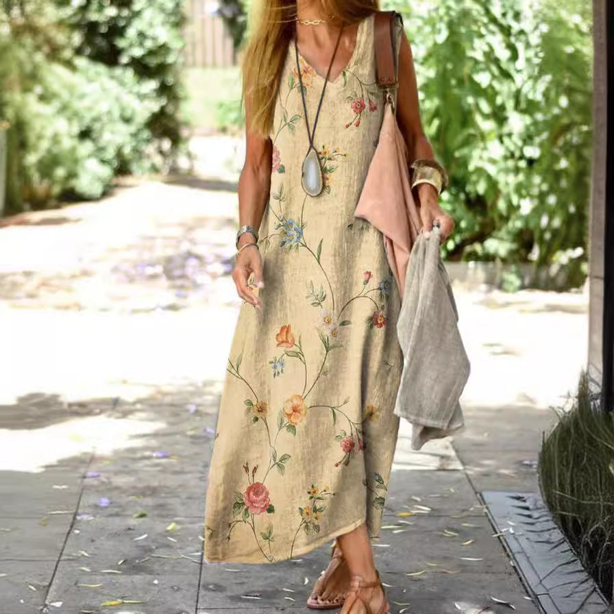 Asta | Sleeveless Cotton V-Neck Printed Summer Dress