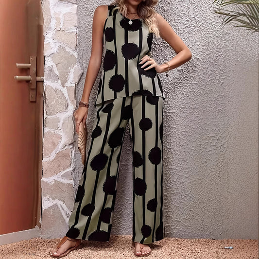 Olive Street Style Printed Sleeveless Top & Trousers Set
