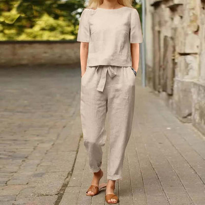 VersaLuxe | Women's Cotton-Linen Short Sleeve Top & Wide-Leg Pants Set
