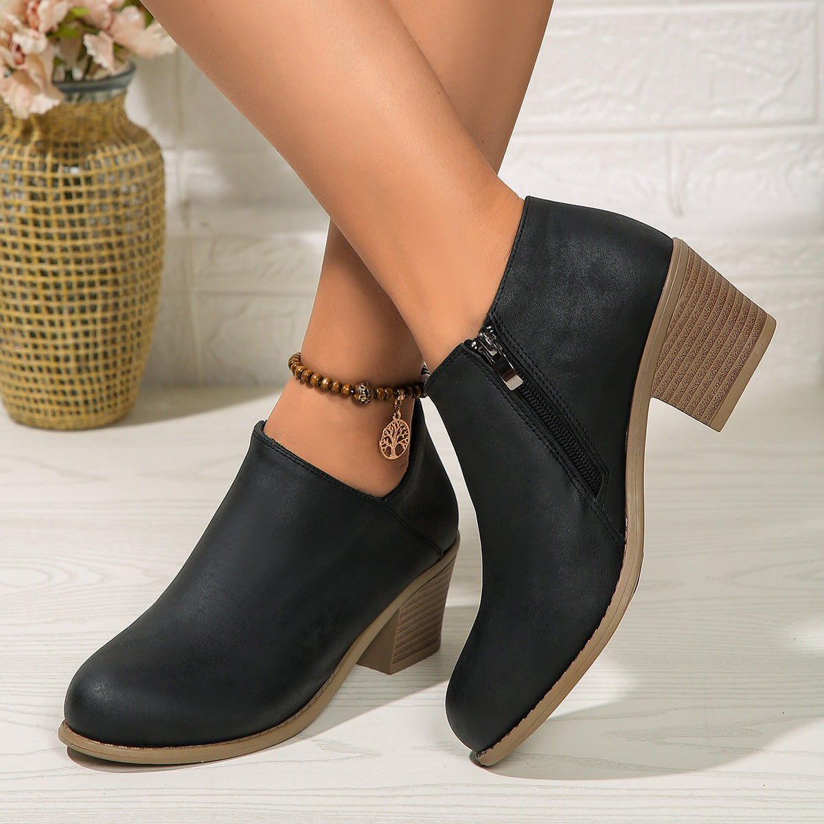 Chunky Heel Round Toe Ankle Boots With Side Zipper Design Fall Winter Short Boots