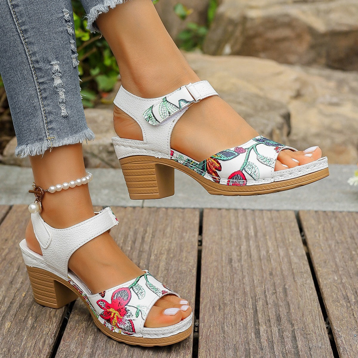 Women's Floral High Heel Velcro Sandals – Casual PU Comfort