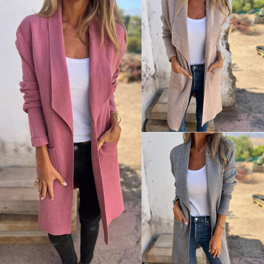 Herbst und Winter Revers Mittellange Strickjacke Dünner Wollmantel