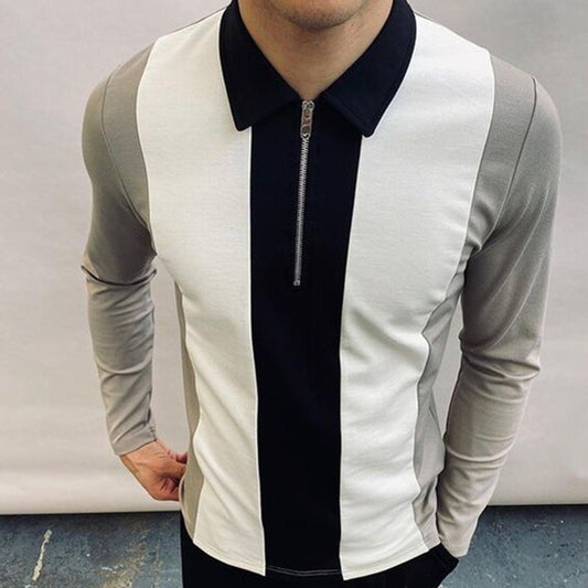 Men's Colourblock Zipper Polo Shirt – Long Sleeve Casual Fit