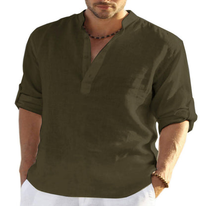 BreezeFit | Men's Cotton Linen Long Sleeve Stand Collar Shirt