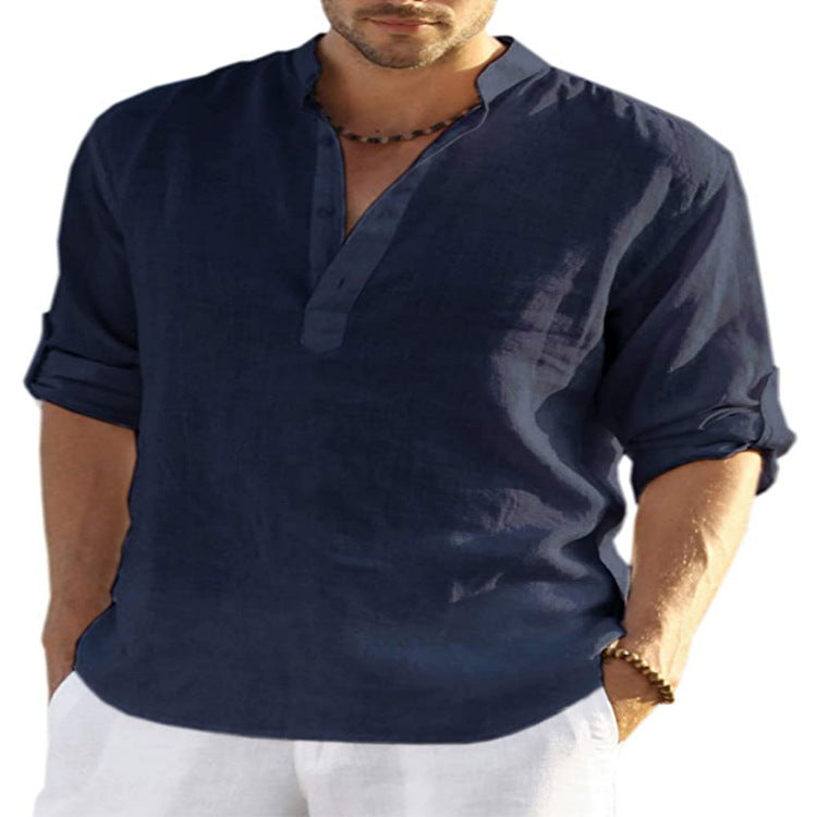 BreezeFit | Men's Cotton Linen Long Sleeve Stand Collar Shirt