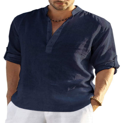 BreezeFit | Men's Cotton Linen Long Sleeve Stand Collar Shirt