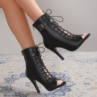 Women's Black Lace-Up Peep Toe Stiletto Heels with Buckle