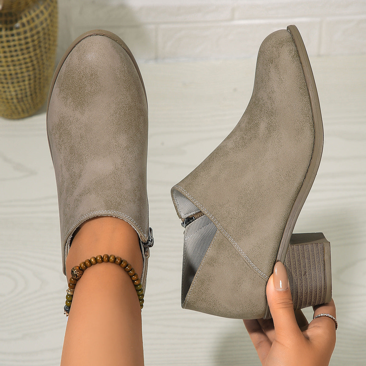 Chunky Heel Round Toe Ankle Boots With Side Zipper Design Fall Winter Short Boots