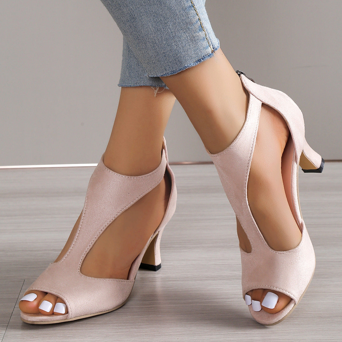 OutdoorGlam Back Zip-Up High Heels Peep Toe Sandals