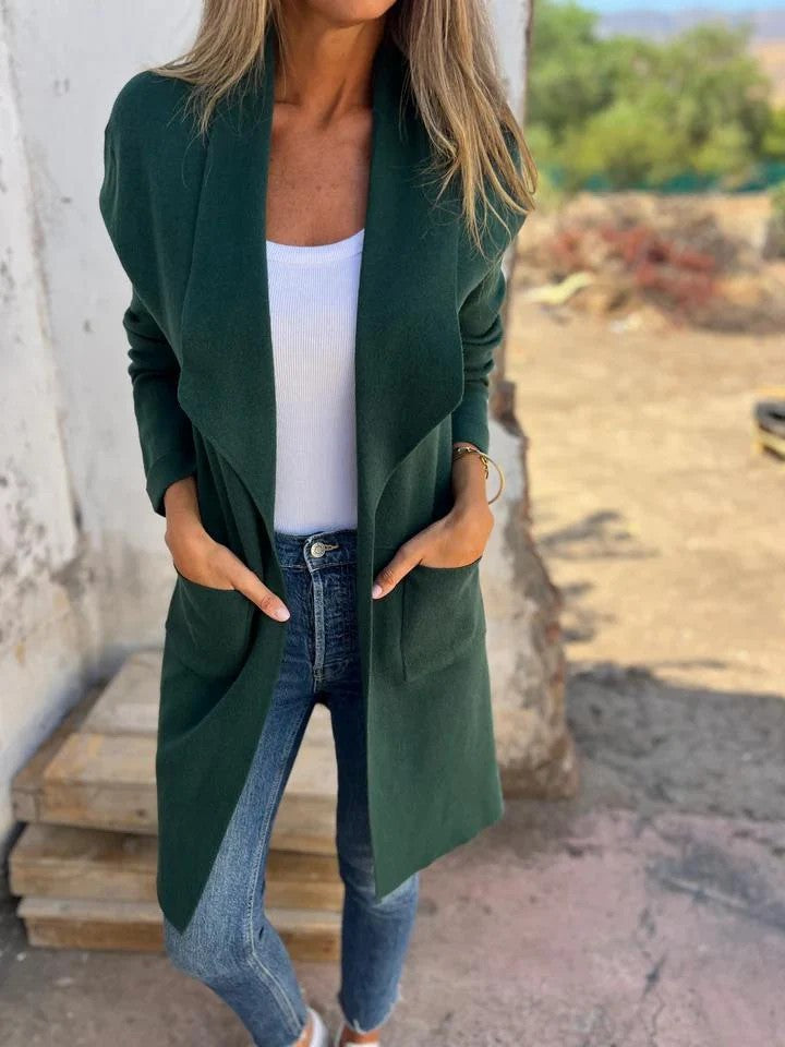 Herbst und Winter Revers Mittellange Strickjacke Dünner Wollmantel