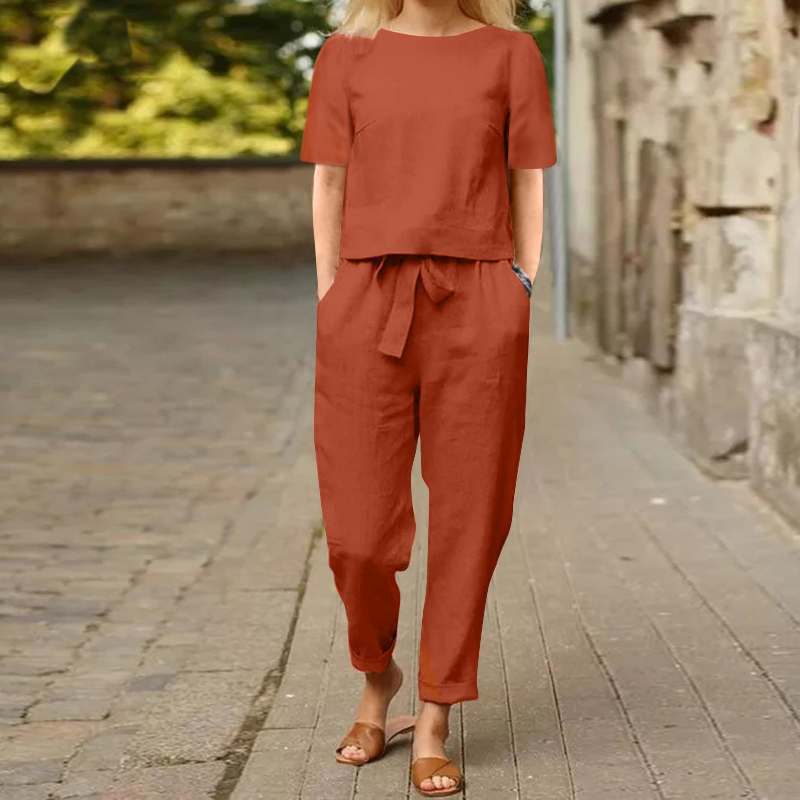 VersaLuxe | Women's Cotton-Linen Short Sleeve Top & Wide-Leg Pants Set