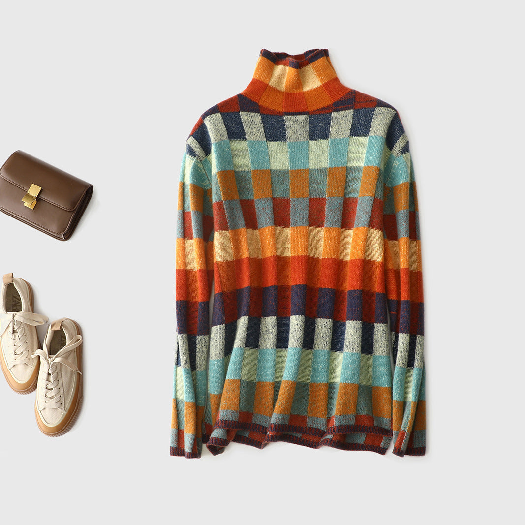 Lena | Checkerboard High Neck Wool-Look Sweater