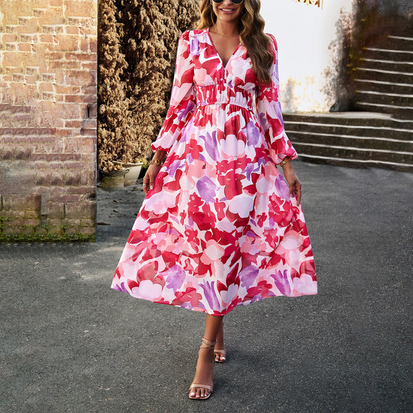 Aruna | Boho Floral Print Chiffon Midi Dress – Holiday A-Line Style