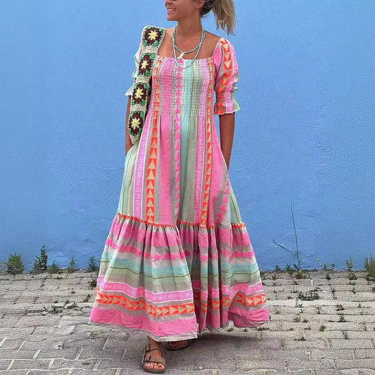 Emily | Block Geometric Print Puff Sleeve Dress for Women