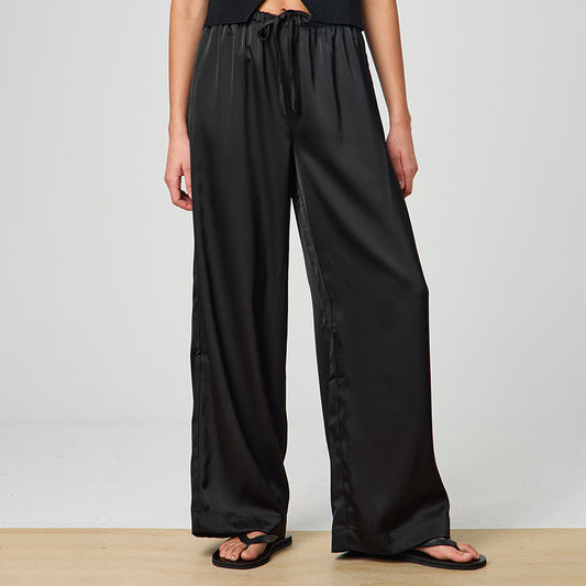 Women's Black Wide-Leg Trousers with Drawstring | Mid Waist Fit